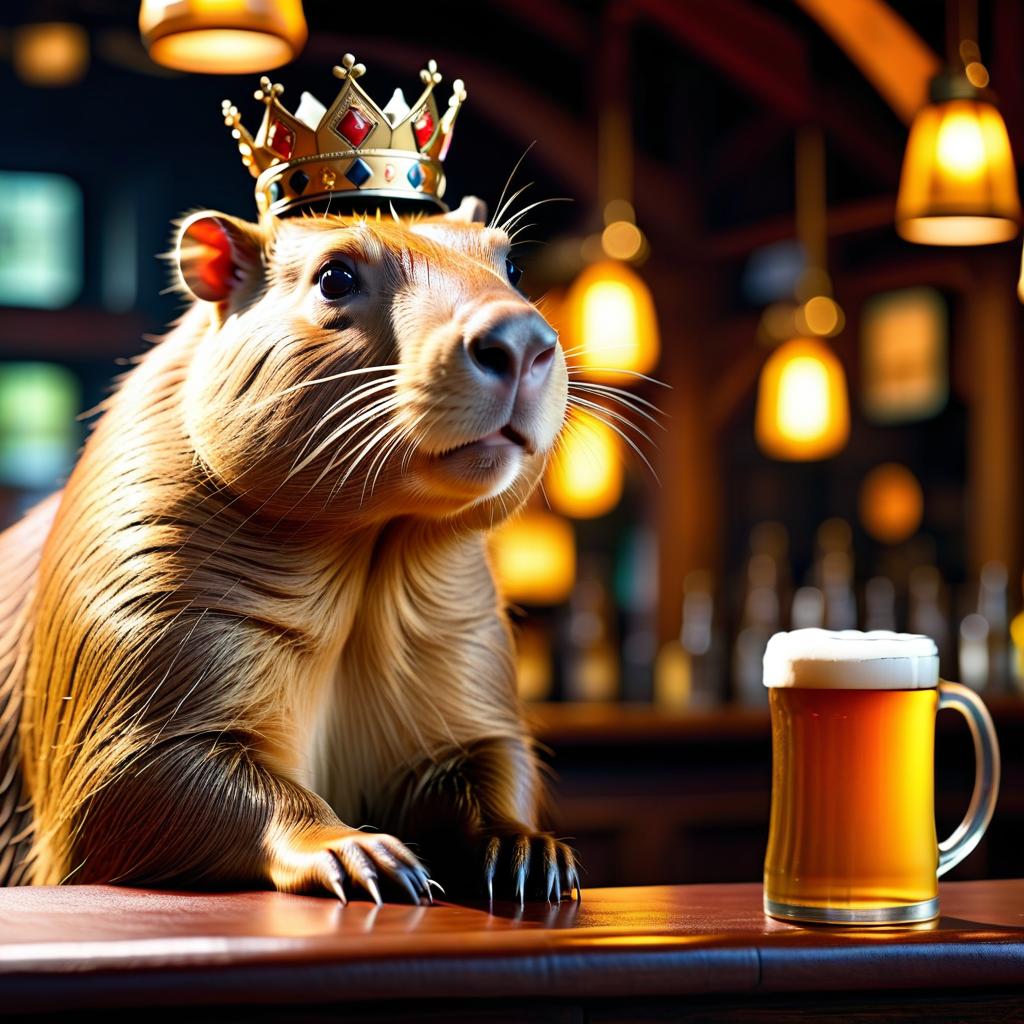  breathtaking A capybara is sitting in a bar with a crown on his head and a large mug of beer in his paws . award winning, professional, highly detailed hyperrealistic, full body, detailed clothing, highly detailed, cinematic lighting, stunningly beautiful, intricate, sharp focus, f/1. 8, 85mm, (centered image composition), (professionally color graded), ((bright soft diffused light)), volumetric fog, trending on instagram, trending on tumblr, HDR 4K, 8K