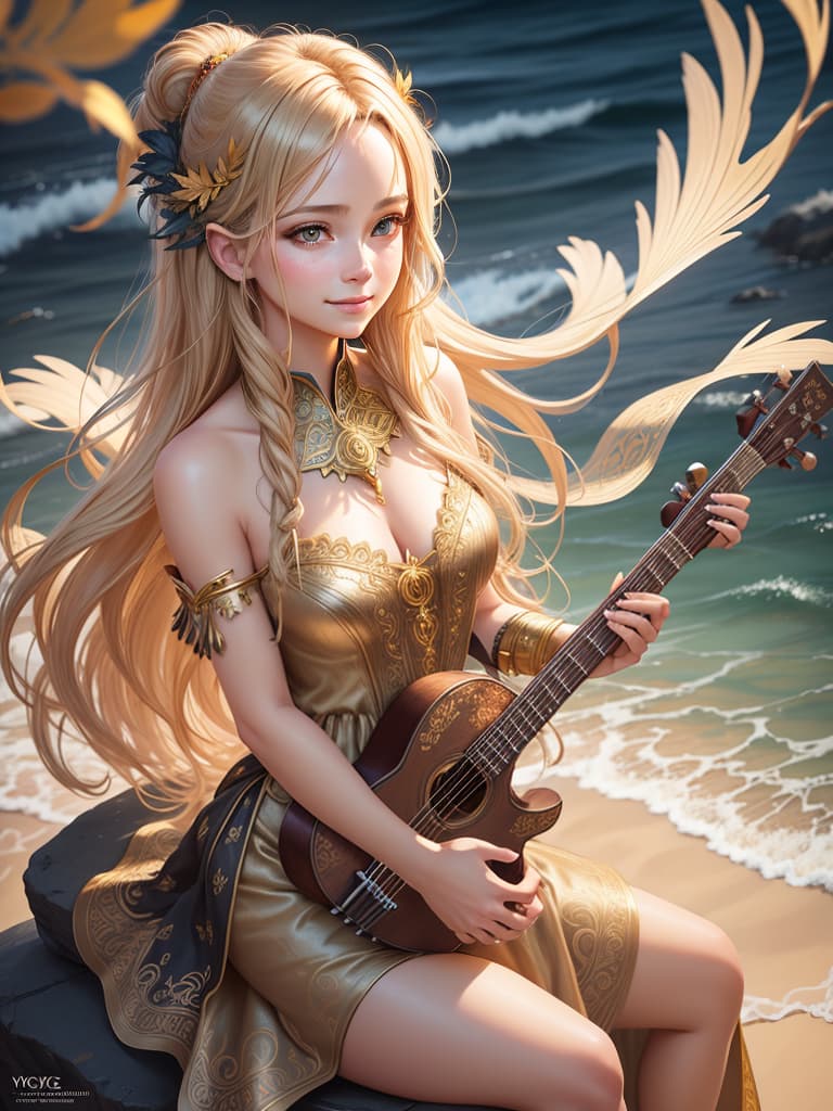  concept art lyre, stringed instrument, nymph, smile, long blond hair, messy hair, leaf in hair, toga, long dress, sitting on rock, storm, ocean, lightning, crows, black feathers front view, , , photorealistic, raw photo, (1girl, looking at viewer), long hair, bare white shoulders , intricate armor, carved wood filigree, intricate filigree, gold metalic parts, detailed part, dynamic pose, detailed background, dynamic lighting,(textured skin:1.3). digital artwork, illustrative, painterly, matte painting, highly detailed