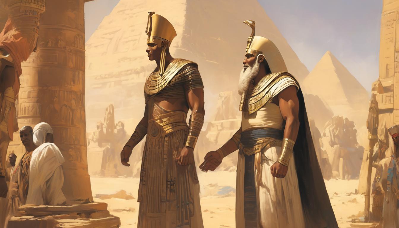  hyperrealism,fantasy aestheticAn ancient Egyptian scene, Imhotep conversing with Pharaoh Djoser, both clad in regal attire, backdrop of an early construction site of a pyramid, historical authenticity, moment of collaboration, ancient legacy, high tech clothing clad in sleek, futuristic costume with metallic accents and form fitting designs, marvel superhero comics style, unreal engine rendering