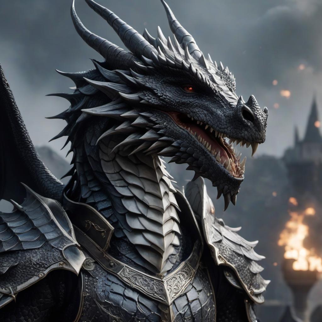  cinematic photo Dragon born dragon with white scales in black armor. The text is translated as "Драконорожденный дракон с белой чешуей в доспехах черных" in English. This phrase translates into "A dragon born with white scales that has armors of black". "Драконорожденный" means "dragon born", which refers to a creature having dragon ancestry. "С белой чешуей" means "with white scales", describing the appearance of the dragon. "В доспехах черных" means "in black armors". So, putting all these together, we get the translation "A dragon born with white scales that has armors of black". . 35mm photograph, film, bokeh, professional, 4k, highly detailed, hyperrealistic, full body, detailed clothing, highly detailed, cinematic lighting, stunningly beautiful, intricate, sharp focus, f/1. 8, 85mm, (centered image composition), (professionally color graded), ((bright soft diffused light)), volumetric fog, trending on instagram, trending on tumblr, HDR 4K, 8K