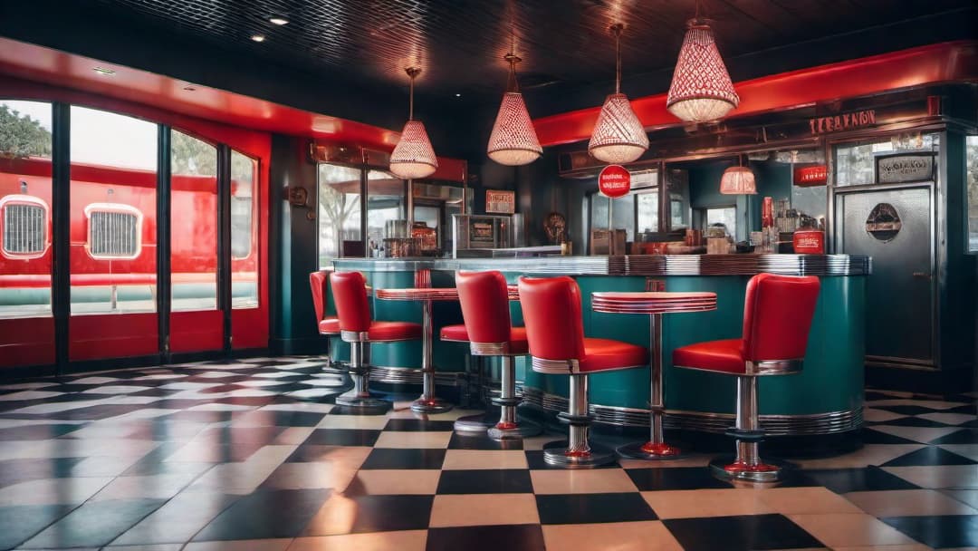  Create an image featuring a retro dining room with a 1950s diner theme. The room should include a checkered floor, vinyl red booths, a chrome dining table, and a vintage jukebox in the corner playing oldies music. The walls should be decorated with vintage posters and neon signs. additional guidelines  hyperrealistic, full body, detailed clothing, highly detailed, cinematic lighting, stunningly beautiful, intricate, sharp focus, f/1. 8, 85mm, (centered image composition), (professionally color graded), ((bright soft diffused light)), volumetric fog, trending on instagram, trending on tumblr, HDR 4K, 8K