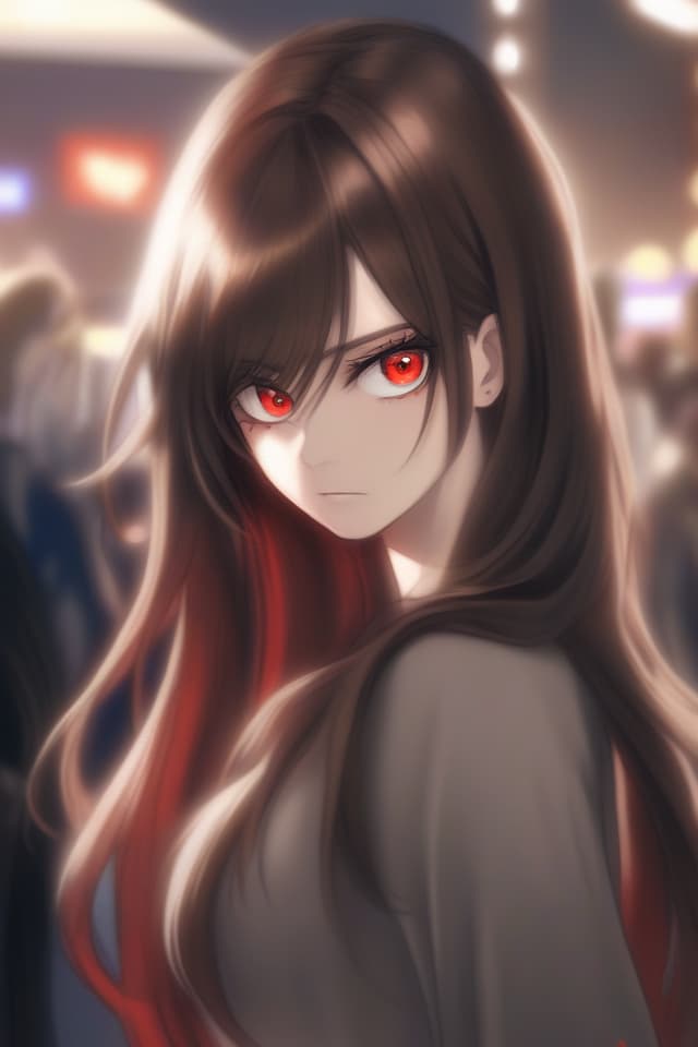  Parker, brown hair, long hair, girl, red eyes, energy