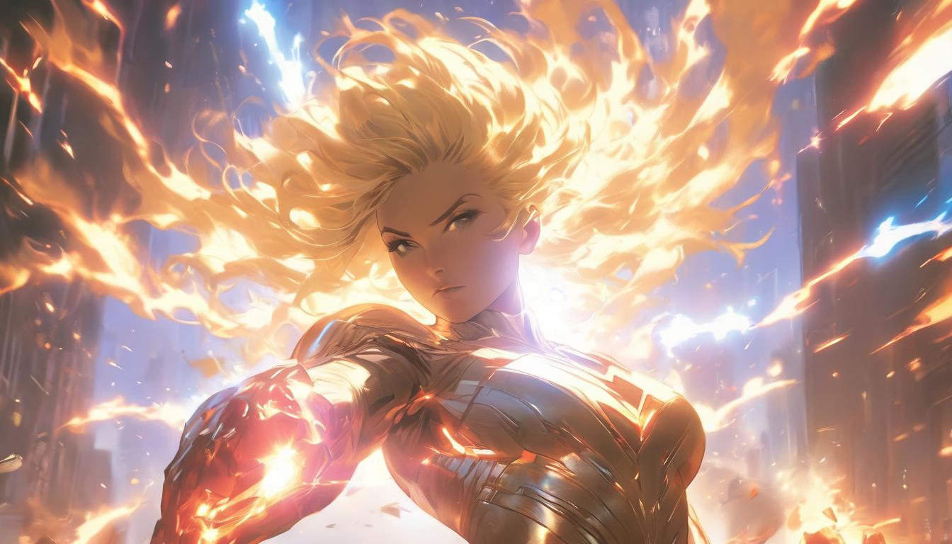  hyperrealism,fantasy aesthetic1woman, large busted attractive blonde arian female humanoid, radiant light from solar flares, hands open, receiving energy, high tech clothing clad in sleek, futuristic costume with metallic accents and form fitting designs, marvel superhero comics style, unreal engine rendering