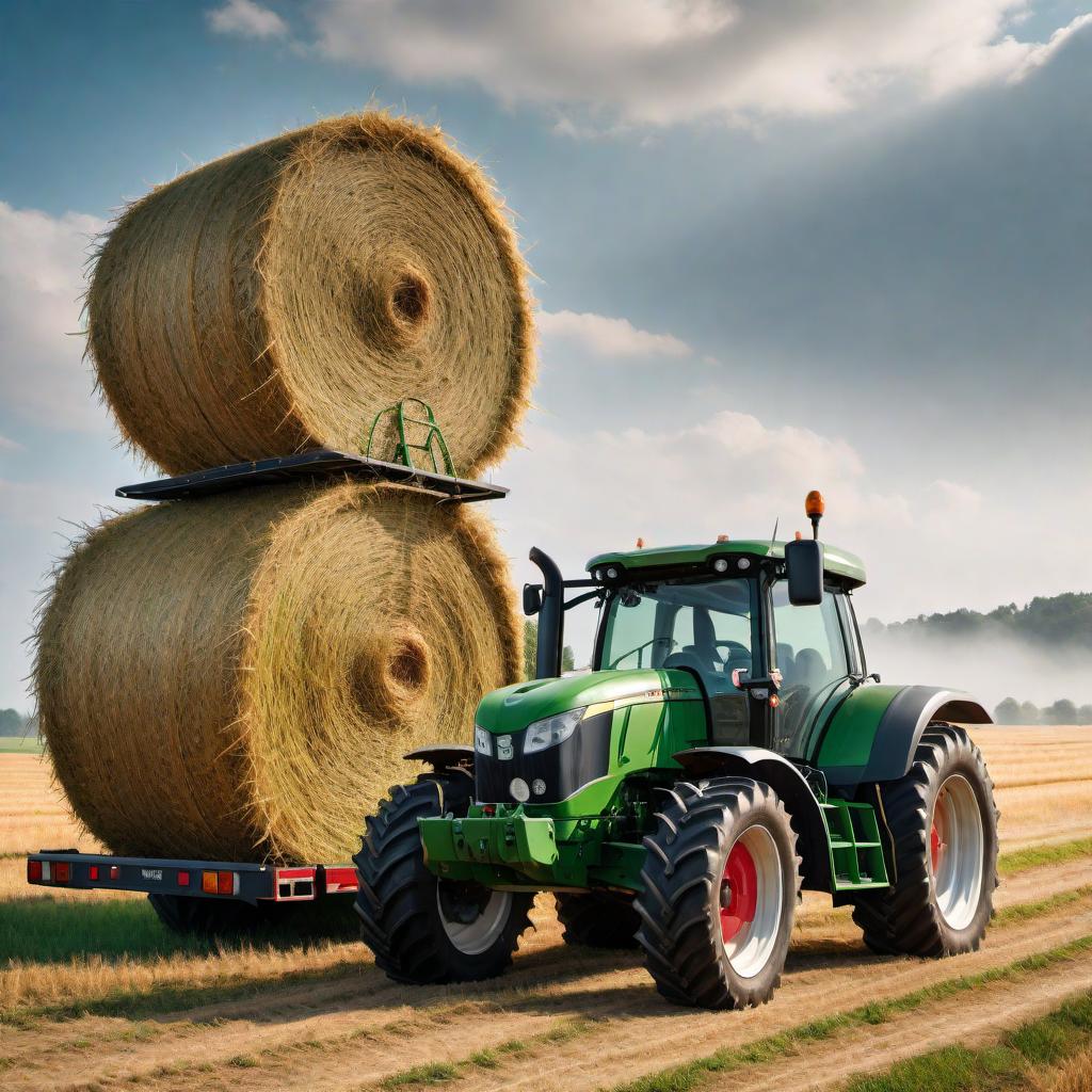  A supersized green tractor with extra large wheels pulling a big trailer filled with hay in an expansive field. The scene should show the tractor in action, kicking up dirt as it moves through the field, with the golden hay contrasting against the lush greenery of the surrounding farmland. The sky is clear and blue, providing a perfect backdrop for this rural and hardworking snapshot of farming life. hyperrealistic, full body, detailed clothing, highly detailed, cinematic lighting, stunningly beautiful, intricate, sharp focus, f/1. 8, 85mm, (centered image composition), (professionally color graded), ((bright soft diffused light)), volumetric fog, trending on instagram, trending on tumblr, HDR 4K, 8K