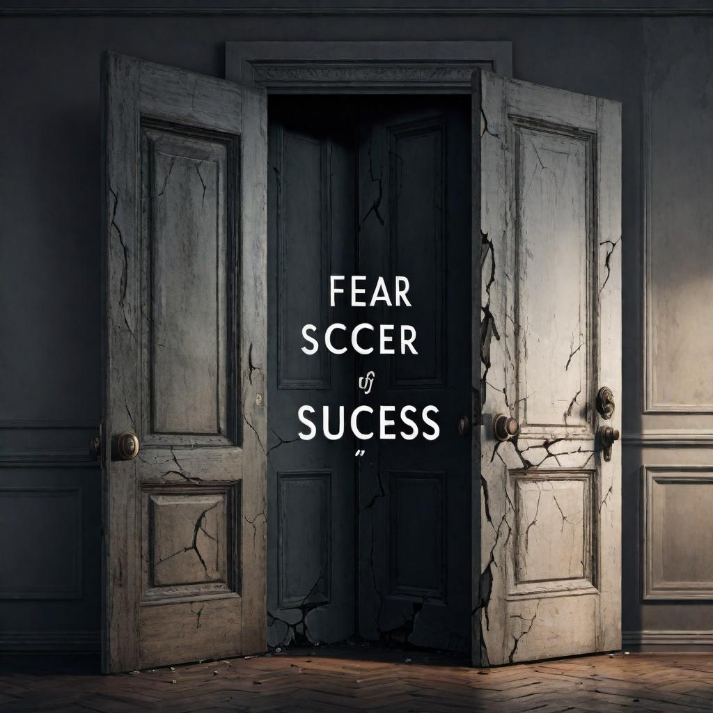  An illustration depicting the contrast between two doors representing choices of fear and success, with detailed, real emotions and accompanying words. 1. **Fear Door** - Scene: A door labeled 'Fear' prominently displayed at the top. A person stands in front, appearing visibly anxious with a worried look, sweat on their forehead, and biting their nails. - Mood: Fear, anxiety, hesitation. - Thought Bubbles: 'What if I fail?', 'I'm not ready.', 'It's too risky.' - Visual Elements: The door is dark and ominous, complemented with shadowy figures projecting from behind, cobwebs hanging, and a faintly cracked door frame signifying neglect and apprehension. - Words displayed: 'Fear' 2. **Success Door** - Scene: A door labeled 'Success' prominen hyperrealistic, full body, detailed clothing, highly detailed, cinematic lighting, stunningly beautiful, intricate, sharp focus, f/1. 8, 85mm, (centered image composition), (professionally color graded), ((bright soft diffused light)), volumetric fog, trending on instagram, trending on tumblr, HDR 4K, 8K