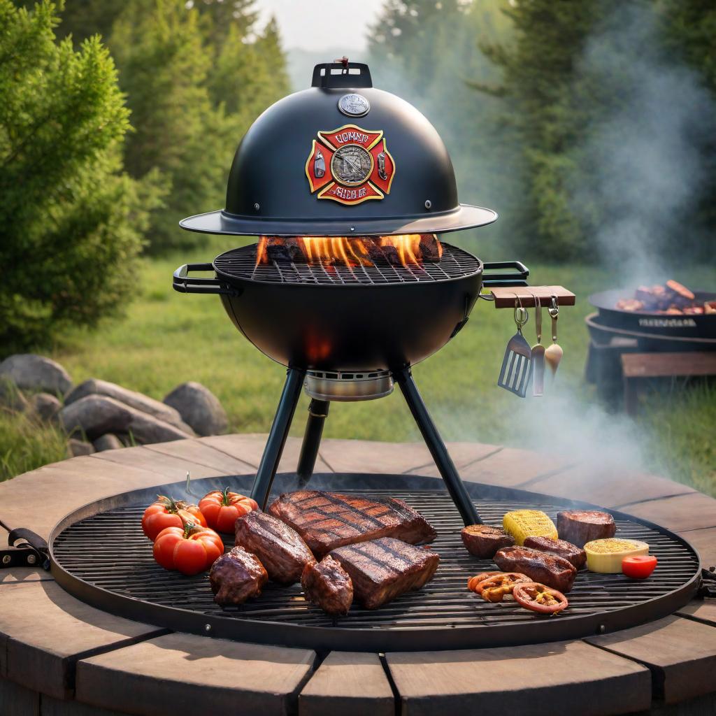  A 12x12 BBQ stand that says 'Grandpa’s Grill.' The grill is shaped and looks like a firefighter's helmet. The background is BMX bike racing themed. hyperrealistic, full body, detailed clothing, highly detailed, cinematic lighting, stunningly beautiful, intricate, sharp focus, f/1. 8, 85mm, (centered image composition), (professionally color graded), ((bright soft diffused light)), volumetric fog, trending on instagram, trending on tumblr, HDR 4K, 8K