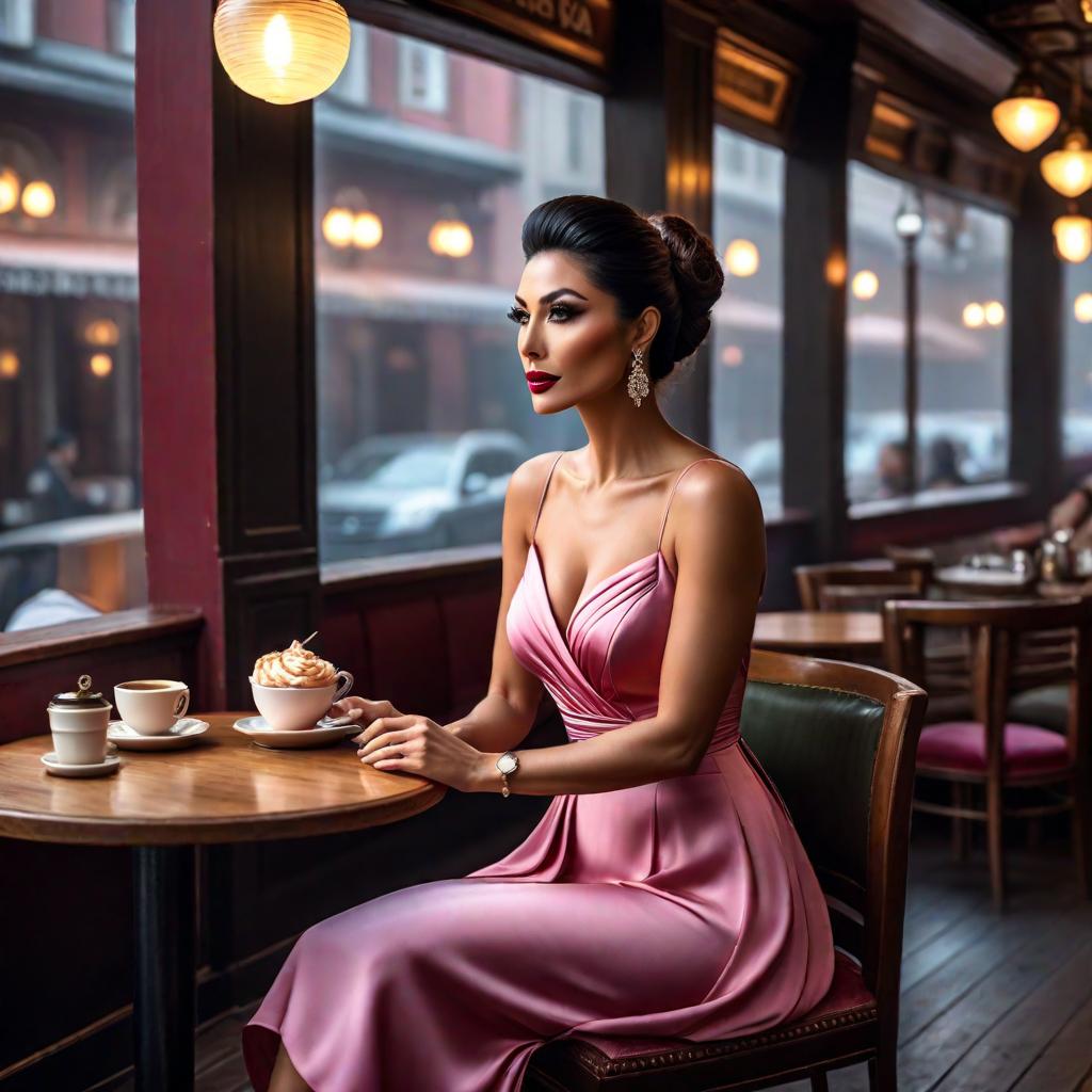  Draw a woman in a pink dress sitting in a quiet cafe. hyperrealistic, full body, detailed clothing, highly detailed, cinematic lighting, stunningly beautiful, intricate, sharp focus, f/1. 8, 85mm, (centered image composition), (professionally color graded), ((bright soft diffused light)), volumetric fog, trending on instagram, trending on tumblr, HDR 4K, 8K