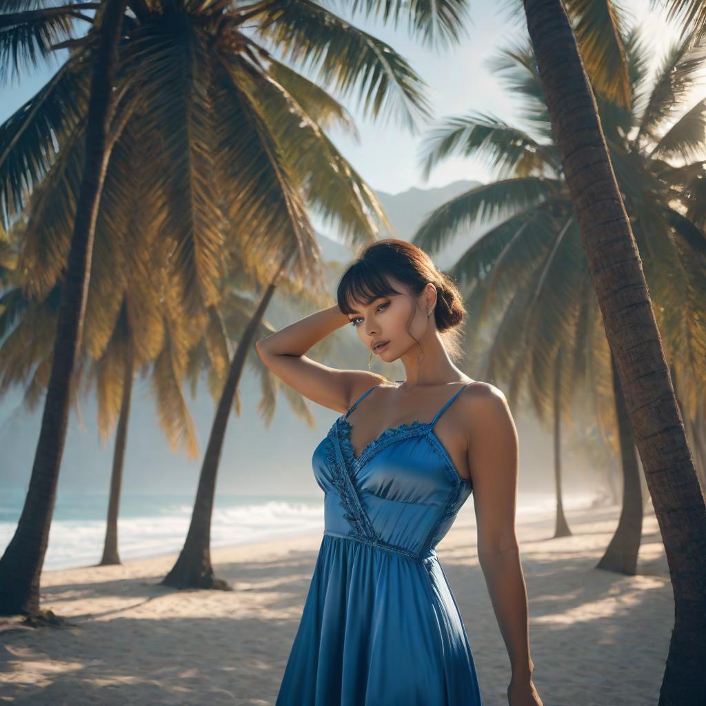  a woman stands tall in a blue dress, leans against a palm tree and drinks from a coconut hyperrealistic, full body, detailed clothing, highly detailed, cinematic lighting, stunningly beautiful, intricate, sharp focus, f/1. 8, 85mm, (centered image composition), (professionally color graded), ((bright soft diffused light)), volumetric fog, trending on instagram, trending on tumblr, HDR 4K, 8K