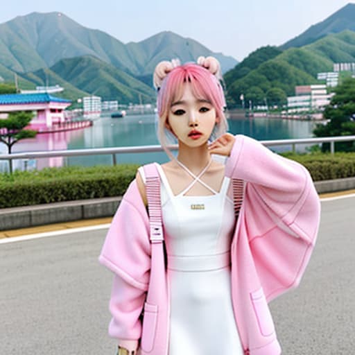  a korean girl idol with pink curved hair and white dress.