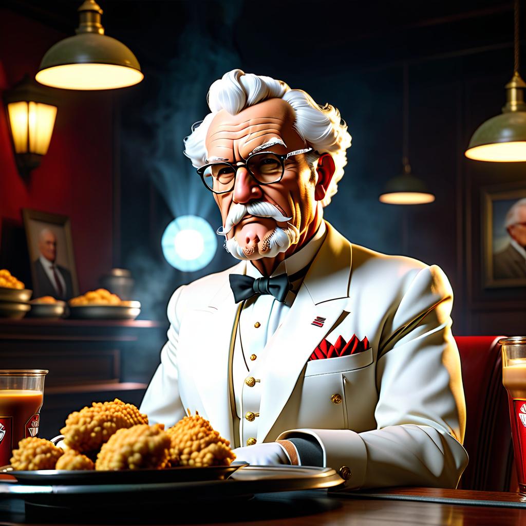  Portrait of the leading political role playing game world crisis 1942, a man who is like the secret government of the world, Colonel Sanders kfc hyperrealistic, full body, detailed clothing, highly detailed, cinematic lighting, stunningly beautiful, intricate, sharp focus, f/1. 8, 85mm, (centered image composition), (professionally color graded), ((bright soft diffused light)), volumetric fog, trending on instagram, trending on tumblr, HDR 4K, 8K