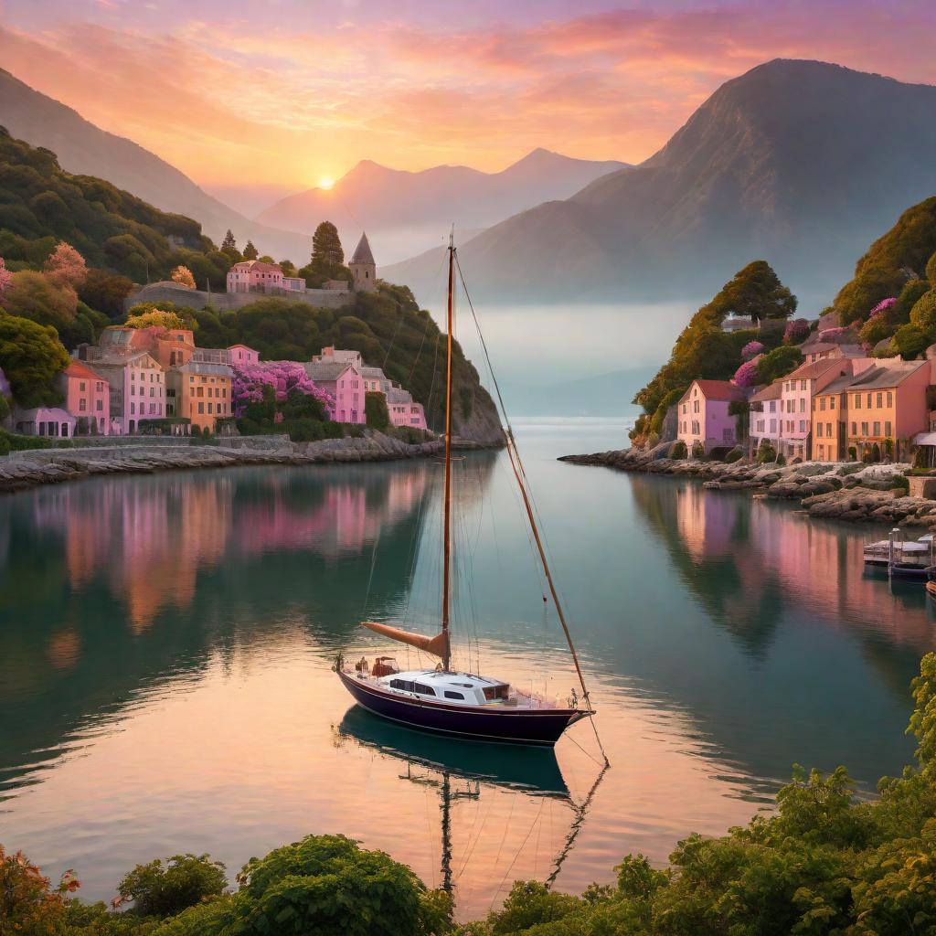  Generate an image of a single sailboat gently anchored in a calm harbor at sunset. The golden hues of the setting sun reflect off the tranquil water, creating a serene and reflective atmosphere. The sky is a blend of orange, pink, and purple, casting a warm glow over the entire scene. In the background, there are quaint coastal buildings and lush green hills, adding to the peaceful ambiance. hyperrealistic, full body, detailed clothing, highly detailed, cinematic lighting, stunningly beautiful, intricate, sharp focus, f/1. 8, 85mm, (centered image composition), (professionally color graded), ((bright soft diffused light)), volumetric fog, trending on instagram, trending on tumblr, HDR 4K, 8K