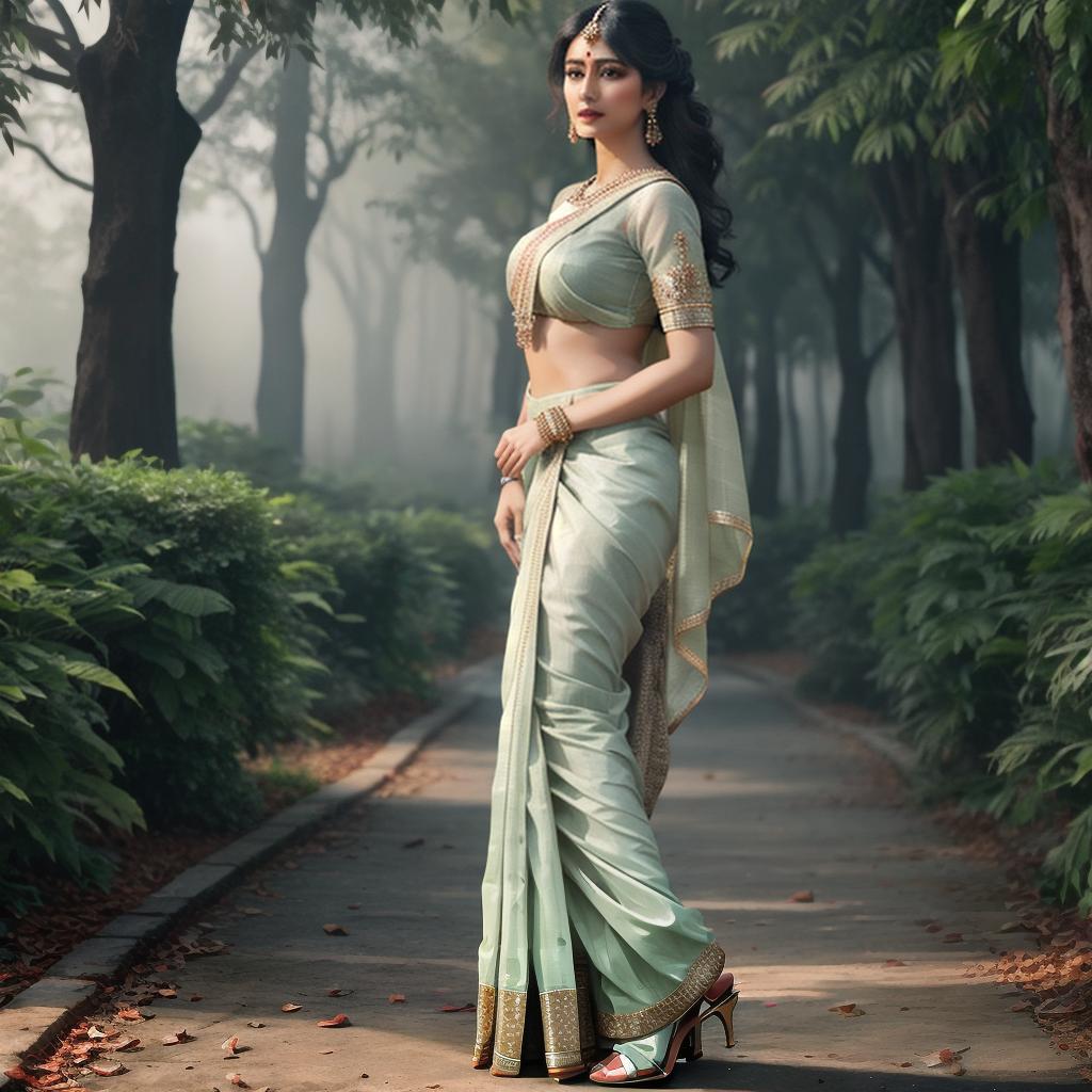  a indian woman in park wearing saree hyperrealistic, full body, detailed clothing, highly detailed, cinematic lighting, stunningly beautiful, intricate, sharp focus, f/1. 8, 85mm, (centered image composition), (professionally color graded), ((bright soft diffused light)), volumetric fog, trending on instagram, trending on tumblr, HDR 4K, 8K