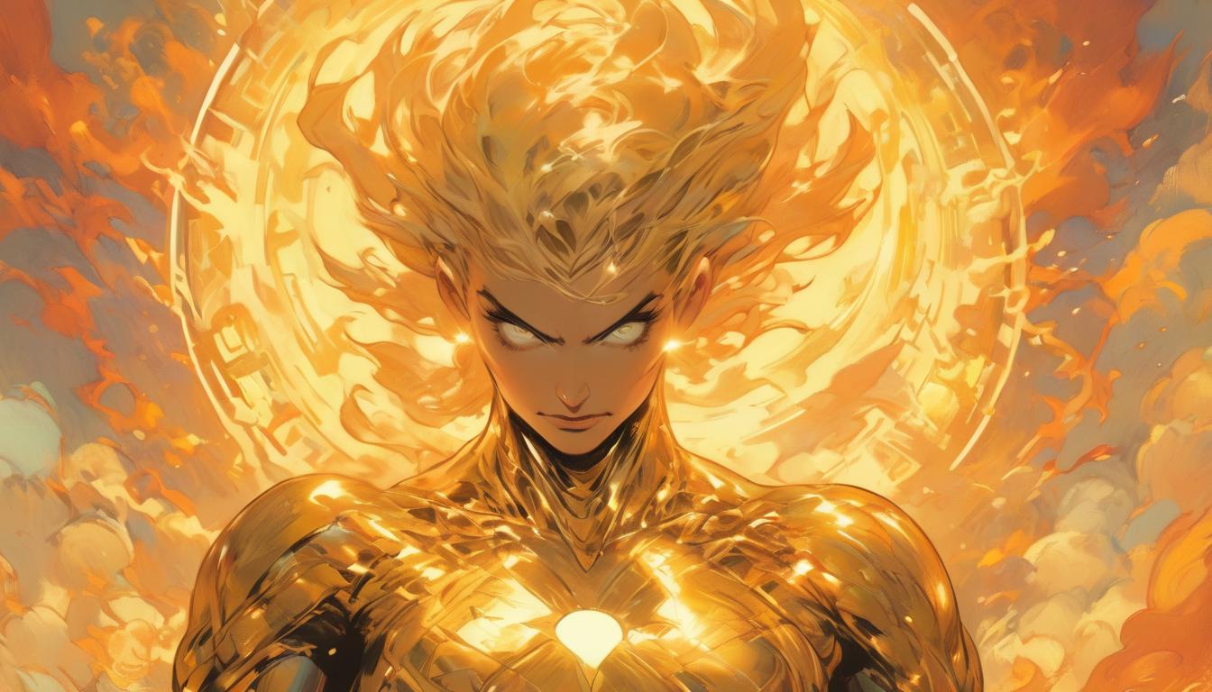  hyperrealism,fantasy aesthetican arian woman, large busted, surrounded by a halo of golden energy, vibrant colors, meditative pose, aligning with high frequencies, high tech clothing clad in sleek, futuristic costume with metallic accents and form fitting designs, marvel superhero comics style, unreal engine rendering