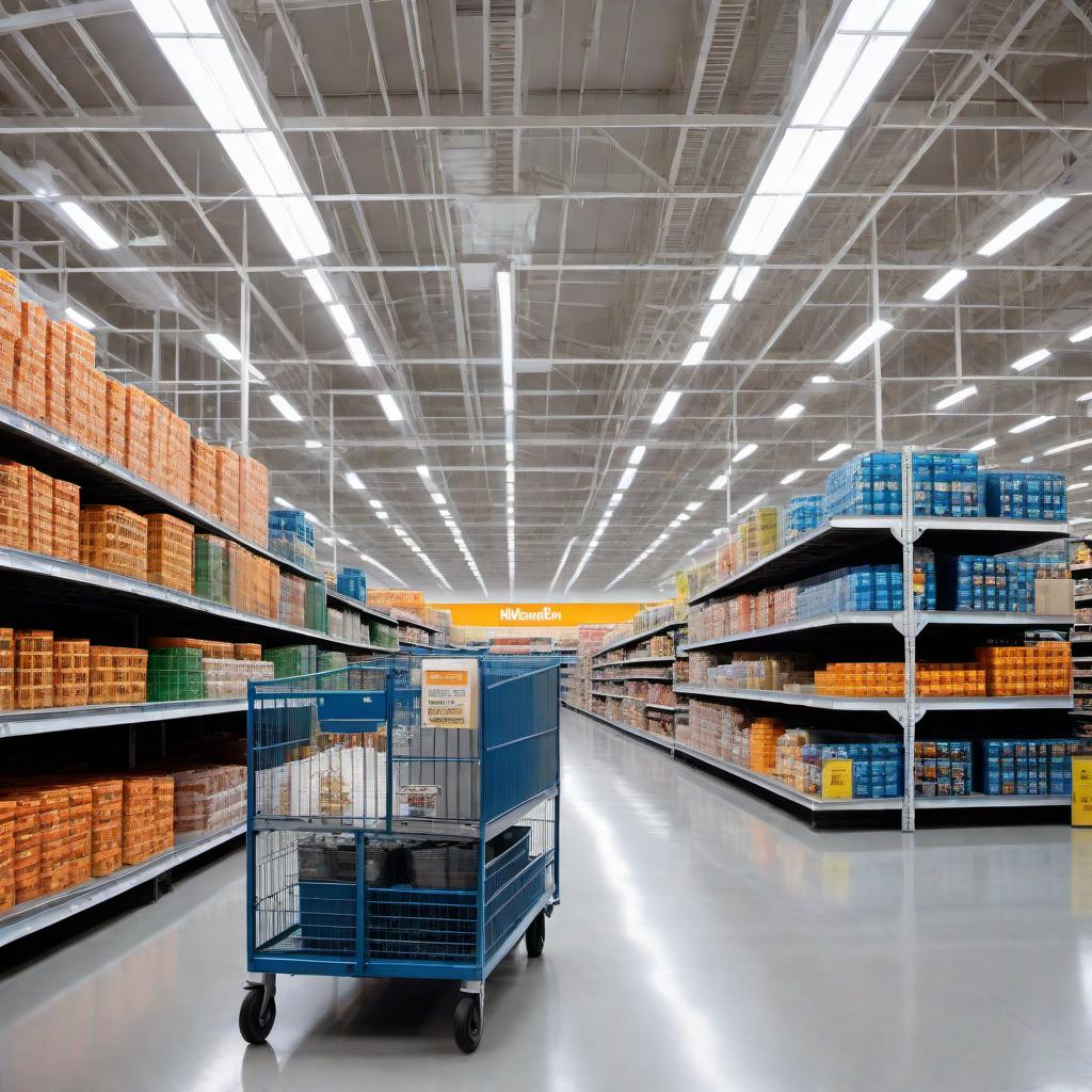  A prison inside a Walmart. The scene should depict a part of the Walmart store converted into a prison setting, including cells, bars, and perhaps a guard. The rest of the Walmart retains its typical layout with aisles and merchandise. hyperrealistic, full body, detailed clothing, highly detailed, cinematic lighting, stunningly beautiful, intricate, sharp focus, f/1. 8, 85mm, (centered image composition), (professionally color graded), ((bright soft diffused light)), volumetric fog, trending on instagram, trending on tumblr, HDR 4K, 8K