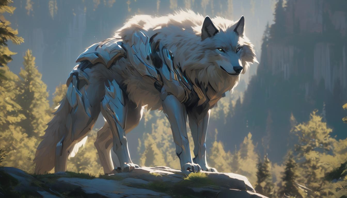  hyperrealism,fantasy aestheticA regal wolf standing at a vantage point overlooking a valley, backdrop of mountains and forests, elements of grandeur, purpose, high tech clothing clad in sleek, futuristic costume with metallic accents and form fitting designs, marvel superhero comics style, unreal engine rendering