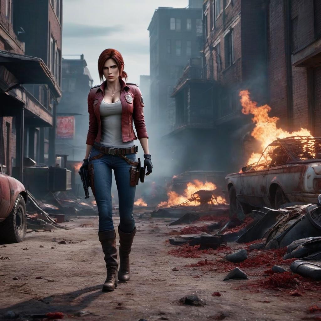  Claire Redfield, darkness, destruction hyperrealistic, full body, detailed clothing, highly detailed, cinematic lighting, stunningly beautiful, intricate, sharp focus, f/1. 8, 85mm, (centered image composition), (professionally color graded), ((bright soft diffused light)), volumetric fog, trending on instagram, trending on tumblr, HDR 4K, 8K