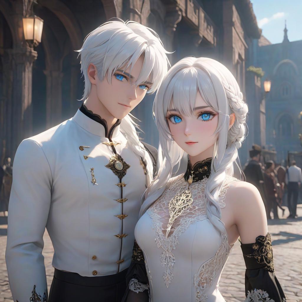  A with her has white hair, blue eyes, a white lace , a medallion, black pants. Next to her is a boy with him have white hair, blue eyes, a white lace , a medallion, black pants. hyperrealistic, full body, detailed clothing, highly detailed, cinematic lighting, stunningly beautiful, intricate, sharp focus, f/1. 8, 85mm, (centered image composition), (professionally color graded), ((bright soft diffused light)), volumetric fog, trending on instagram, trending on tumblr, HDR 4K, 8K