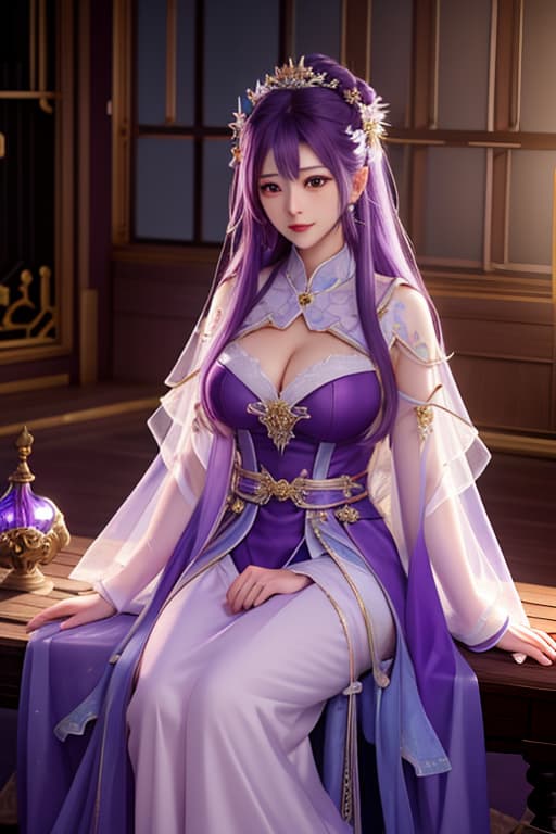  a woman in a purple dress sitting on a table with a star, rayonism, temporary art, by Nagasawa Rosetsu, full art, full art illustration, epic fantasty card game art, akasuki voidstar, luxanna crownguard,8k hyperrealistic, full body, detailed clothing, highly detailed, cinematic lighting, stunningly beautiful, intricate, sharp focus, f/1. 8, 85mm, (centered image composition), (professionally color graded), ((bright soft diffused light)), volumetric fog, trending on instagram, trending on tumblr, HDR 4K, 8K