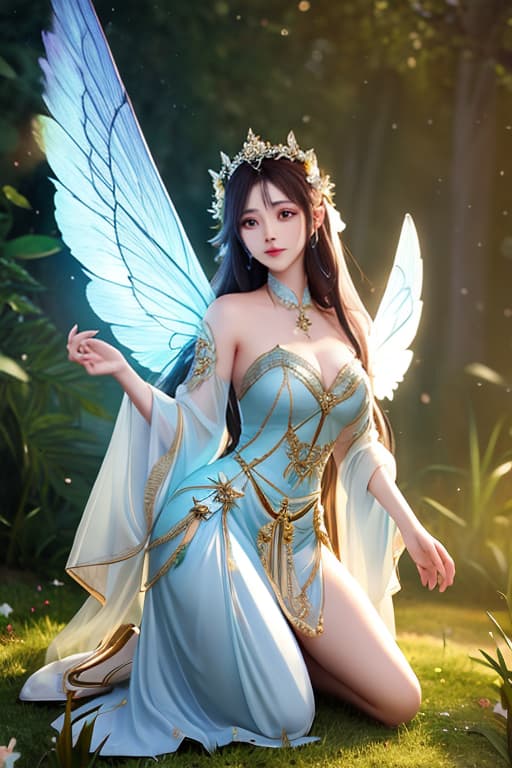  Magical female fairy, translucent wings,big eyes,kneeling , forest, mushrooms, masterpiece, hyper realistic, best quality image, 8k wallpaper hyperrealistic, full body, detailed clothing, highly detailed, cinematic lighting, stunningly beautiful, intricate, sharp focus, f/1. 8, 85mm, (centered image composition), (professionally color graded), ((bright soft diffused light)), volumetric fog, trending on instagram, trending on tumblr, HDR 4K, 8K