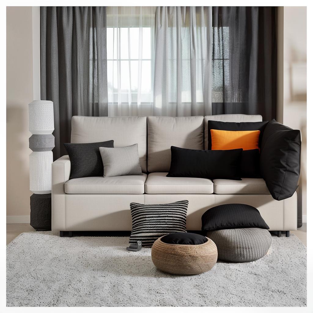  realistic image, tv, modern, modernity, a living room with a gray couch and pillows, main colour black, tilt shift mirror background, fine image on the store website, grey and dark theme, ikea catalogue, tapestry, rounded lines, sand 8k, colored walls, sliding glass windows, unique design,full HD, fabrics textiles hyperrealistic, full body, detailed clothing, highly detailed, cinematic lighting, stunningly beautiful, intricate, sharp focus, f/1. 8, 85mm, (centered image composition), (professionally color graded), ((bright soft diffused light)), volumetric fog, trending on instagram, trending on tumblr, HDR 4K, 8K