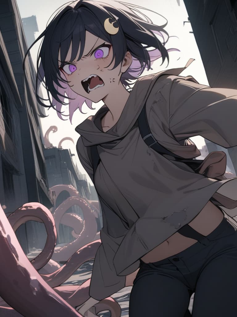  ((Tentacles coming out of the back,beige Tentacles,beige feeler,beige sharp tentacle))1.8,((Anger,screaming,hatred))1.2,murderous intent,mouths open,running,tattered clothes,rubble,collapsed buildings,cool girl,Black hair,(purple eyes),short,cropped hair,crescent moon hair ornament, masterpiece, best quality,8k,ultra detailed,high resolution,an extremely delicate and beautiful,hyper detail