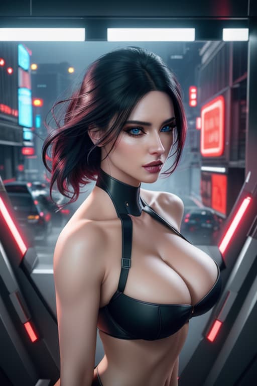  ultra realistic portrait ((beautiful pale cyberpunk sexiest female with heavy black eyeliner)), stunning body, blue eyes, shaved side long wavy haircut, huge boobs, deep cleavage, hyper detail, cinematic lighting, magic neon, dark red city, Canon EOS R3, nikon, f/1.4, ISO 200, 1/160s, 8K, RAW, unedited, symmetrical balance, in frame, 8K hyperrealistic, full body, detailed clothing, highly detailed, cinematic lighting, stunningly beautiful, intricate, sharp focus, f/1. 8, 85mm, (centered image composition), (professionally color graded), ((bright soft diffused light)), volumetric fog, trending on instagram, trending on tumblr, HDR 4K, 8K