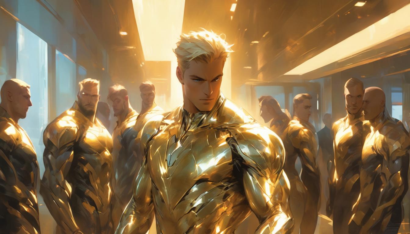  hyperrealism,fantasy aesthetic1man, attractive blonde male humanoid, business attire, confidently standing in front of a boardroom, golden light emanating from him, colleagues in awe, high tech clothing clad in sleek, futuristic costume with metallic accents and form fitting designs, marvel superhero comics style, unreal engine rendering