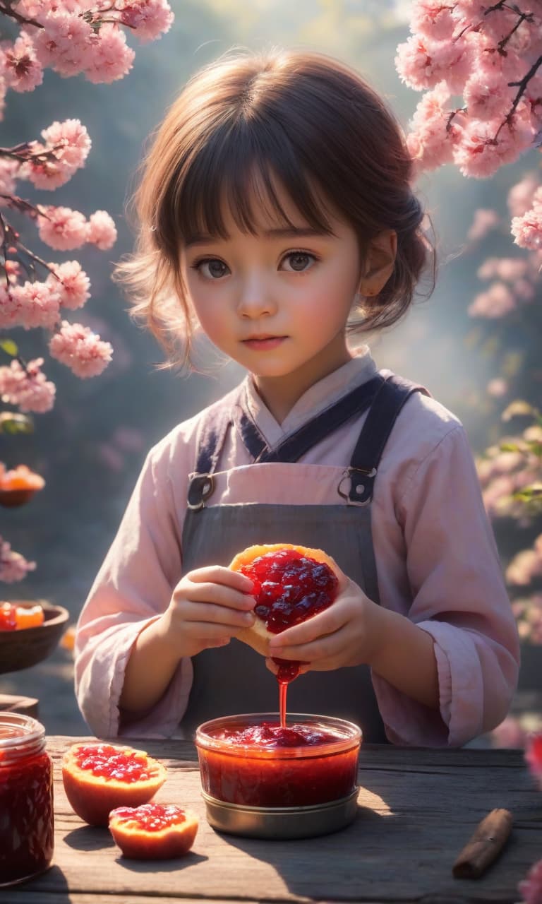  The child is eating jam. Background: sakura, haze, glow hyperrealistic, full body, detailed clothing, highly detailed, cinematic lighting, stunningly beautiful, intricate, sharp focus, f/1. 8, 85mm, (centered image composition), (professionally color graded), ((bright soft diffused light)), volumetric fog, trending on instagram, trending on tumblr, HDR 4K, 8K