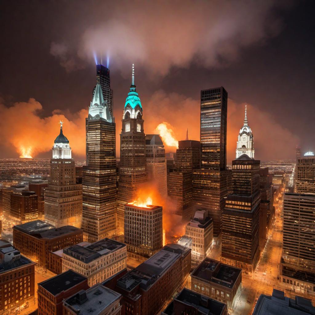  A high-angle view of the city of Philadelphia at night, with large portions of the city set ablaze. The nightscape should include the city's skyline with recognizable buildings such as the Liberty Bell Center and City Hall. The fires should create an eerie and chaotic atmosphere, with flames and smoke rising into the night sky, casting an orange glow over the city. The streets and buildings should exhibit signs of destruction and turmoil. hyperrealistic, full body, detailed clothing, highly detailed, cinematic lighting, stunningly beautiful, intricate, sharp focus, f/1. 8, 85mm, (centered image composition), (professionally color graded), ((bright soft diffused light)), volumetric fog, trending on instagram, trending on tumblr, HDR 4K, 8K