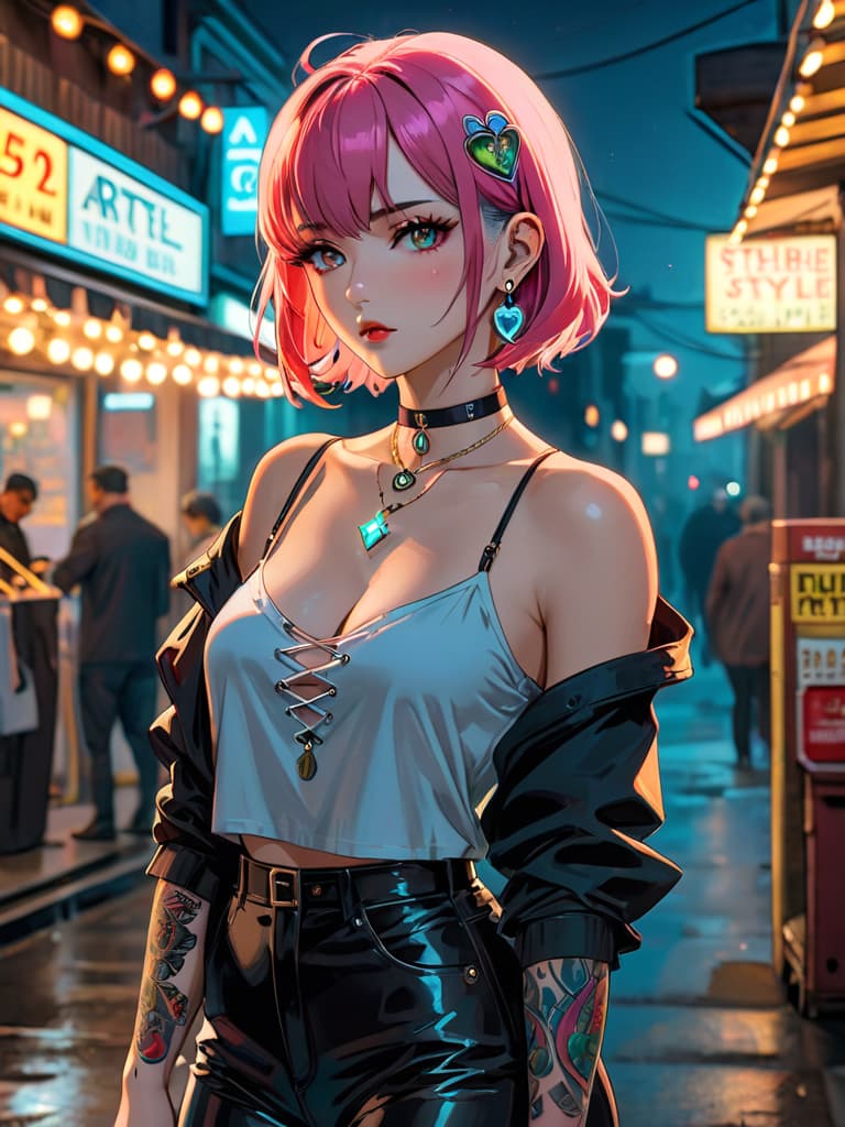  score 9, score 8 up, score 7 up, detailed, aesthetic, glowing, night, (dark environment), jewelry, sticker, hair ornament, hairclip, ear piercing, bandaid on face, ring, choker, necklace, bandaid on hand, tattoo, <lora:ArtstyleStickerV2 XLPD:1.25>, colorful hyperrealistic, full body, detailed clothing, highly detailed, cinematic lighting, stunningly beautiful, intricate, sharp focus, f/1. 8, 85mm, (centered image composition), (professionally color graded), ((bright soft diffused light)), volumetric fog, trending on instagram, trending on tumblr, HDR 4K, 8K