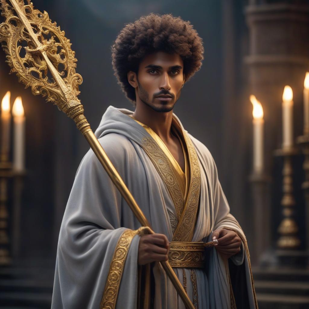  A young, brown skinned acolyte of the god, wearing a gray robe with golden eyes and a staff. hyperrealistic, full body, detailed clothing, highly detailed, cinematic lighting, stunningly beautiful, intricate, sharp focus, f/1. 8, 85mm, (centered image composition), (professionally color graded), ((bright soft diffused light)), volumetric fog, trending on instagram, trending on tumblr, HDR 4K, 8K