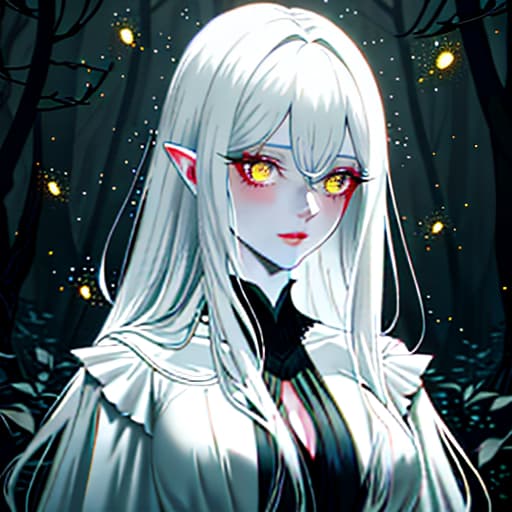  A dark forest surrounded by fireflies, A girl changeling DnD, White hair, white empty eyes, fair skin, a black scarf on her neck, ragged clothes, tall height. hyperrealistic, full body, detailed clothing, highly detailed, cinematic lighting, stunningly beautiful, intricate, sharp focus, f/1. 8, 85mm, (centered image composition), (professionally color graded), ((bright soft diffused light)), volumetric fog, trending on instagram, trending on tumblr, HDR 4K, 8K