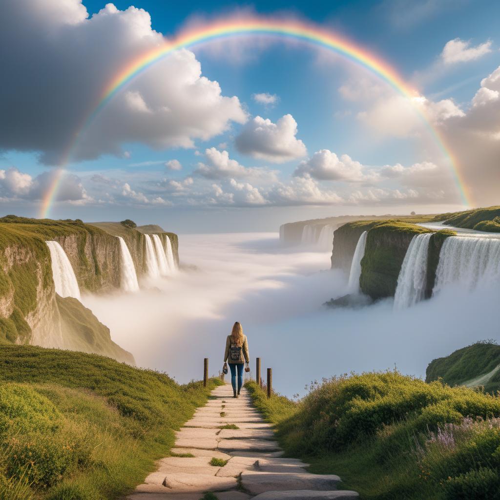  A serene sky with a rainbow and fluffy clouds, a path leading to a horizon filled with light, and the words 'Dreams do come true if you believe' elegantly written in the sky. hyperrealistic, full body, detailed clothing, highly detailed, cinematic lighting, stunningly beautiful, intricate, sharp focus, f/1. 8, 85mm, (centered image composition), (professionally color graded), ((bright soft diffused light)), volumetric fog, trending on instagram, trending on tumblr, HDR 4K, 8K