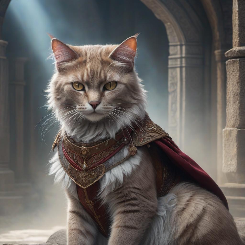  ethereal fantasy concept art of An anthropogenic cat, in a bard's attire. With a short sword in his hand. . magnificent, celestial, ethereal, painterly, epic, majestic, magical, fantasy art, cover art, dreamy hyperrealistic, full body, detailed clothing, highly detailed, cinematic lighting, stunningly beautiful, intricate, sharp focus, f/1. 8, 85mm, (centered image composition), (professionally color graded), ((bright soft diffused light)), volumetric fog, trending on instagram, trending on tumblr, HDR 4K, 8K