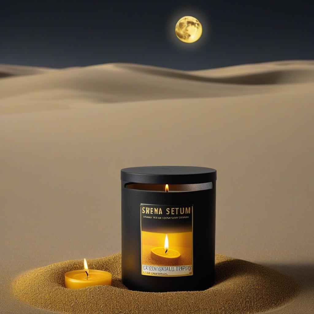  Photo, a candle in a black bank with a Yellow sand colored label and sand texture, against a sand background and sand texture, a moon crescent and sand style decorations, a moon shaped lantern. Brand name: Moon Send hyperrealistic, full body, detailed clothing, highly detailed, cinematic lighting, stunningly beautiful, intricate, sharp focus, f/1. 8, 85mm, (centered image composition), (professionally color graded), ((bright soft diffused light)), volumetric fog, trending on instagram, trending on tumblr, HDR 4K, 8K