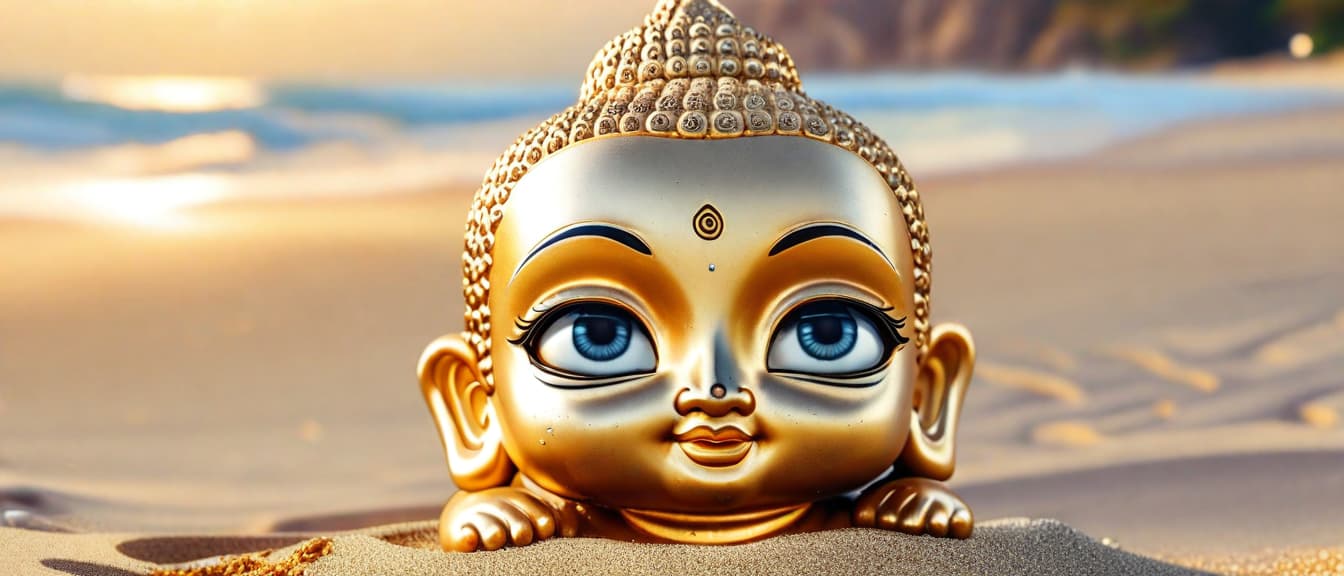  best quality, HD, Beach summer panoramic background with cute big eye golden buddha statue on the sand