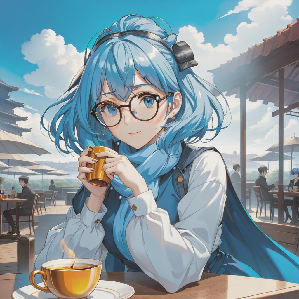  line art drawing anime girl , sketch, one cup of tea, portrait, in blue colors, with round glasses, blue hair, casual style, carre hairstyle, blue sky on background, . professional, sleek, modern, minimalist, graphic, line art, vector graphics hyperrealistic, full body, detailed clothing, highly detailed, cinematic lighting, stunningly beautiful, intricate, sharp focus, f/1. 8, 85mm, (centered image composition), (professionally color graded), ((bright soft diffused light)), volumetric fog, trending on instagram, trending on tumblr, HDR 4K, 8K