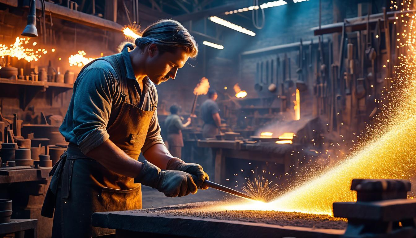  fluorescent dust, fluorescent spraypaint, fluorescent grain, fluorescent make up A blacksmith's workshop, the anvil central with sparks flying. A person hammering metal with determined expression, sweat glistening. Angelic beings with strong, steady gazes in the background, symbolizing forged resilience and tenacity.dust, cinematic film, best quality, high resolution, realistic, 8k, dynamic angle, serene, extremely detailed, absurdres particle effect, wonderful night dreamlike glowing masterpiece, celestial, detailed, realistic, image concept art, phenomenal mesmerise, maximalist,