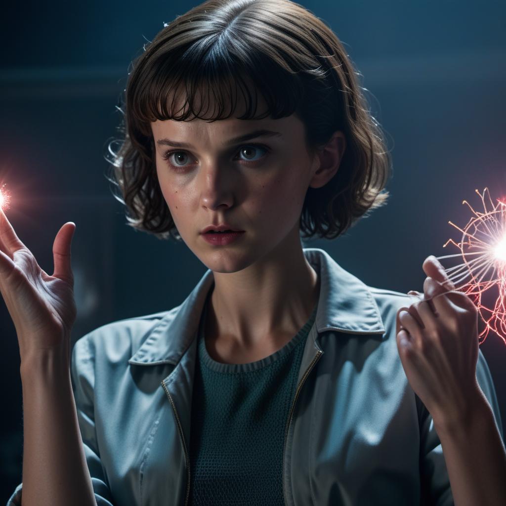  An intense and dramatic scene of Eleven from Stranger Things using her telekinetic powers. Eleven is in a dynamic pose with her arm outstretched and eyes focused. Her face shows determination and a slight nosebleed is visible, indicating the strain of her power. Objects around her are floating and trembling due to her abilities. The background is dark and ominous, with an atmosphere filled with tension and energy, capturing the powerful moment of Eleven's action. hyperrealistic, full body, detailed clothing, highly detailed, cinematic lighting, stunningly beautiful, intricate, sharp focus, f/1. 8, 85mm, (centered image composition), (professionally color graded), ((bright soft diffused light)), volumetric fog, trending on instagram, trending on tumblr, HDR 4K, 8K