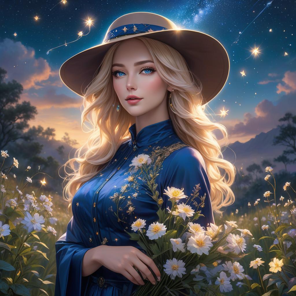  A lady in a hat holding flowers against a beautiful dark blue evening Sky With fireflies and many stars in the sky and the flower he was holding was shining brightly And there are many shooting stars in the sky He has blonde hair and blue eyes, 8k resolution holographic astral cosmic illustration mixed media by Pablo Amaringo hyperrealistic, full body, detailed clothing, highly detailed, cinematic lighting, stunningly beautiful, intricate, sharp focus, f/1. 8, 85mm, (centered image composition), (professionally color graded), ((bright soft diffused light)), volumetric fog, trending on instagram, trending on tumblr, HDR 4K, 8K