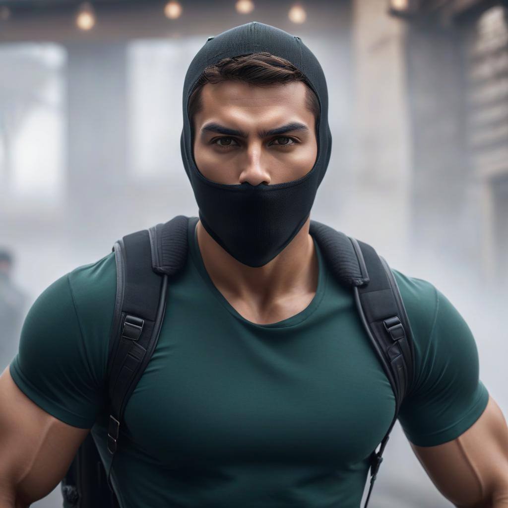  A young man, with a balaclava on his head. hyperrealistic, full body, detailed clothing, highly detailed, cinematic lighting, stunningly beautiful, intricate, sharp focus, f/1. 8, 85mm, (centered image composition), (professionally color graded), ((bright soft diffused light)), volumetric fog, trending on instagram, trending on tumblr, HDR 4K, 8K