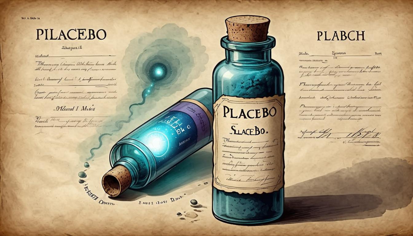  on parchment, surrealism+++, Pill bottle with 'Placebo' label, glowing aura, mystical and enigmatic, symbolizing mind's power(mysterious, provocative, symbolic,muted color)+++