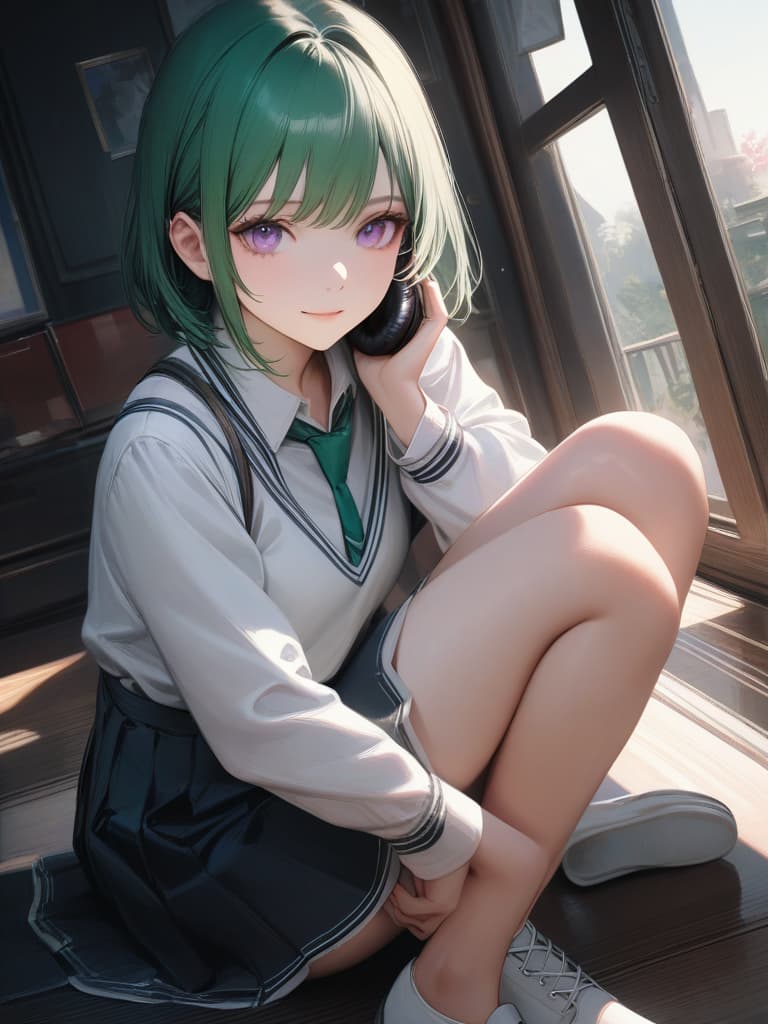  1girl,18yo,green hair,short hair,purple eyes,headphone,summer school uniform,sit down on one's heels,light smile,realistic, masterpiece, best quality,8k,ultra detailed,high resolution,an extremely delicate and beautiful,hyper detail