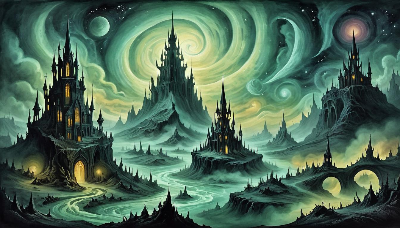  on parchment, surrealism+++, Eldritch landscape with twisting spires, dark sky with swirling auroras, otherworldly, eerie(mysterious, provocative, symbolic,muted color)+++