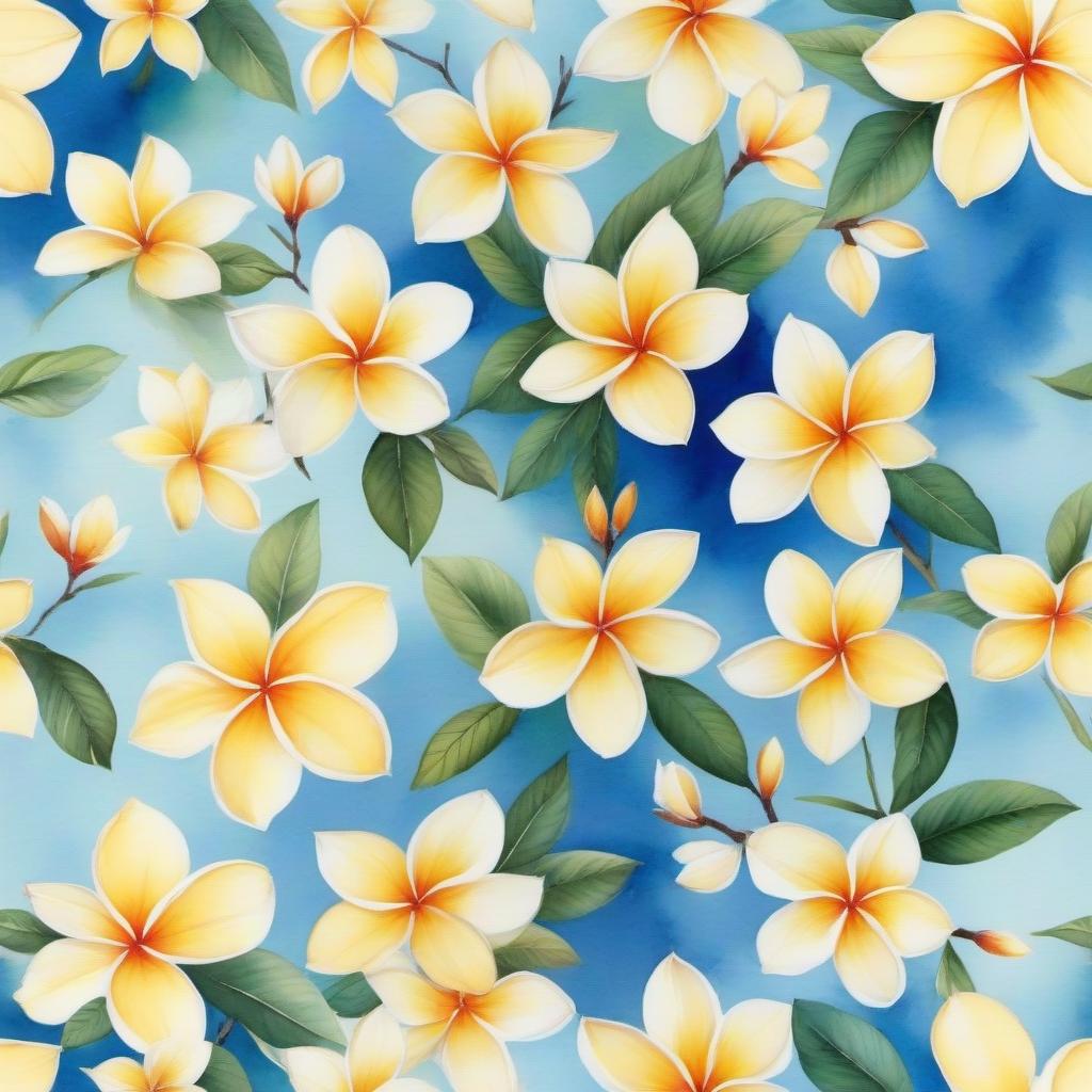  The background with a gradient in the center is light yellow at the edges of the blue, in the center empty.In a circle of pictures, Franjipani flowers are painted in watercolor technique