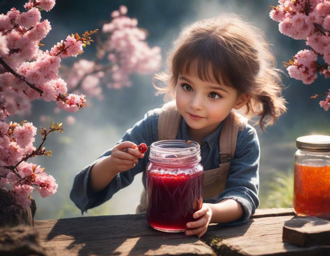  A child eats jam from a jar. background: sakura, haze, glow hyperrealistic, full body, detailed clothing, highly detailed, cinematic lighting, stunningly beautiful, intricate, sharp focus, f/1. 8, 85mm, (centered image composition), (professionally color graded), ((bright soft diffused light)), volumetric fog, trending on instagram, trending on tumblr, HDR 4K, 8K