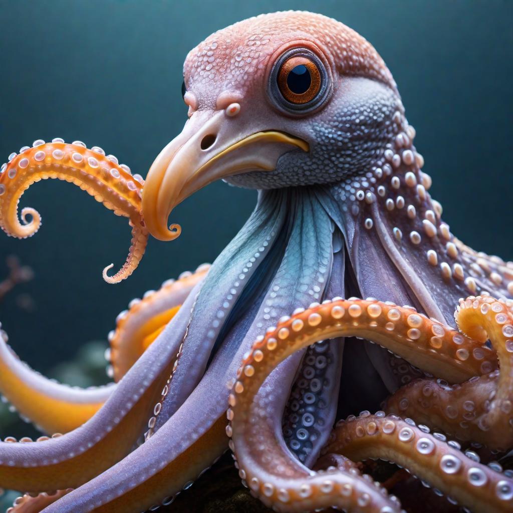  A bird with octopus features hyperrealistic, full body, detailed clothing, highly detailed, cinematic lighting, stunningly beautiful, intricate, sharp focus, f/1. 8, 85mm, (centered image composition), (professionally color graded), ((bright soft diffused light)), volumetric fog, trending on instagram, trending on tumblr, HDR 4K, 8K