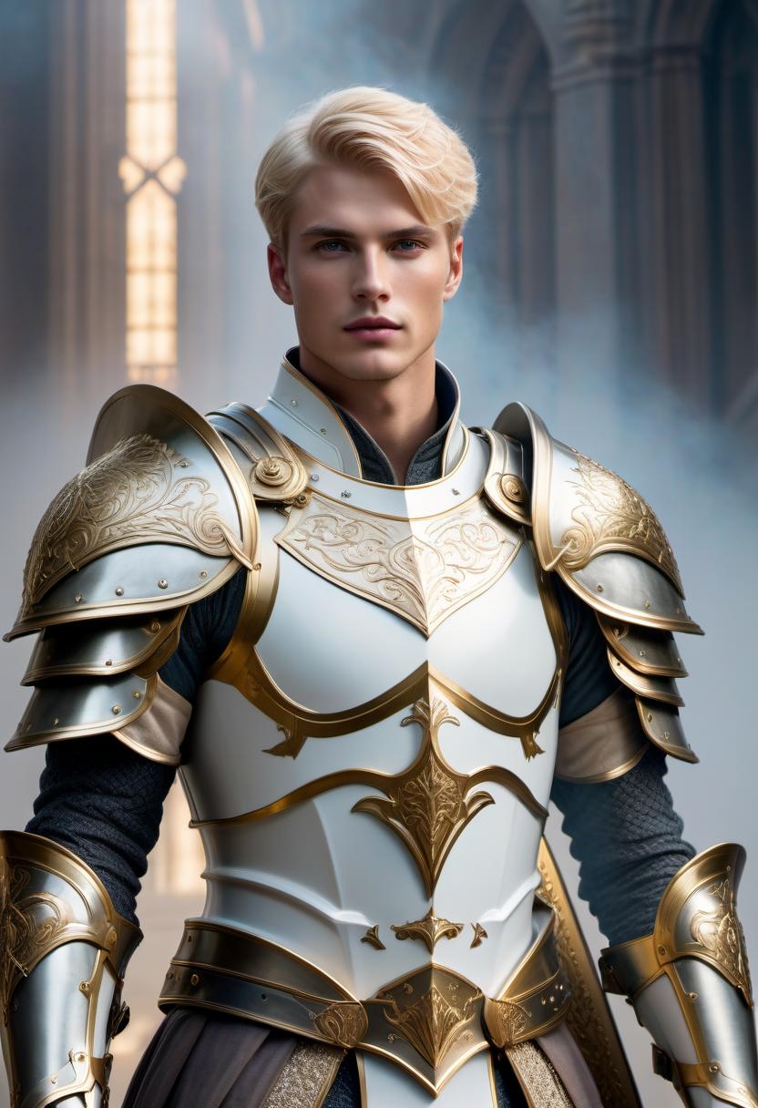  ethereal fantasy concept art of Young man, king, blond short hair, plate white armor, big shield in the arm . magnificent, celestial, ethereal, painterly, epic, majestic, magical, fantasy art, cover art, dreamy hyperrealistic, full body, detailed clothing, highly detailed, cinematic lighting, stunningly beautiful, intricate, sharp focus, f/1. 8, 85mm, (centered image composition), (professionally color graded), ((bright soft diffused light)), volumetric fog, trending on instagram, trending on tumblr, HDR 4K, 8K