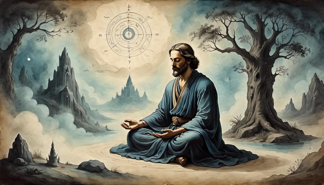  on parchment, surrealism+++, Relaxed figure in deep meditation, surrounded by a soothing aura, dark and tranquil background, state of deep rest and calm, serene and focused(mysterious, provocative, symbolic,muted color)+++