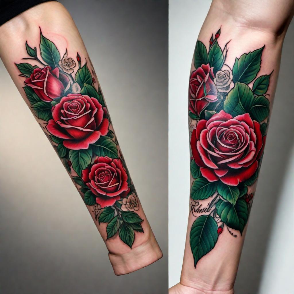  A tattoo design for the forearm featuring the name 'Addison Rose'. The design should include a heart and roses, with elegant cursive script for the name. The overall look should be delicate and meaningful, using a soft color palette including shades of red, pink, and green for the roses and leaves. hyperrealistic, full body, detailed clothing, highly detailed, cinematic lighting, stunningly beautiful, intricate, sharp focus, f/1. 8, 85mm, (centered image composition), (professionally color graded), ((bright soft diffused light)), volumetric fog, trending on instagram, trending on tumblr, HDR 4K, 8K